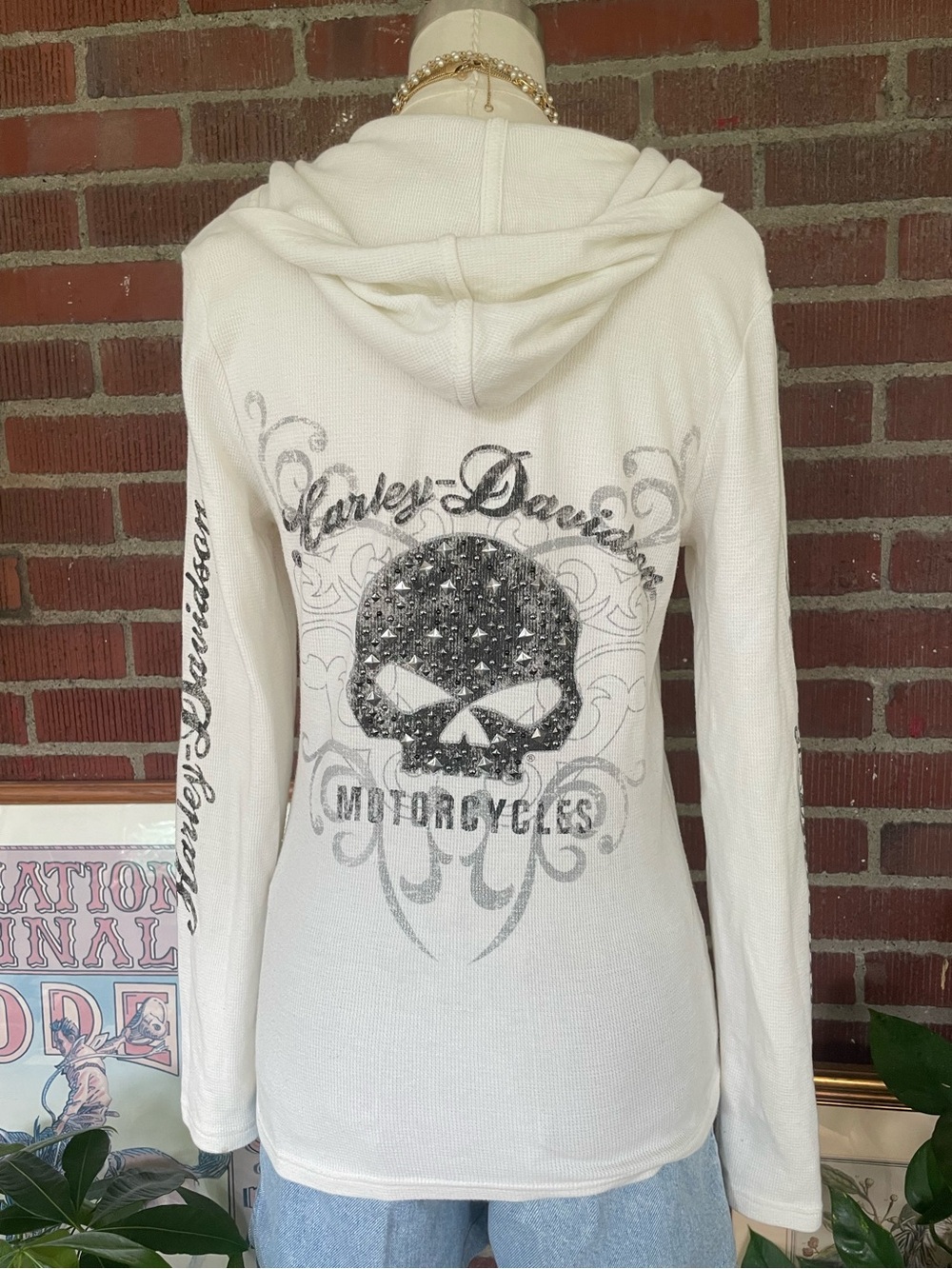 Harley-Davidson White Lace-Up Hooded Long Sleeve Top - Picture 4 of 5